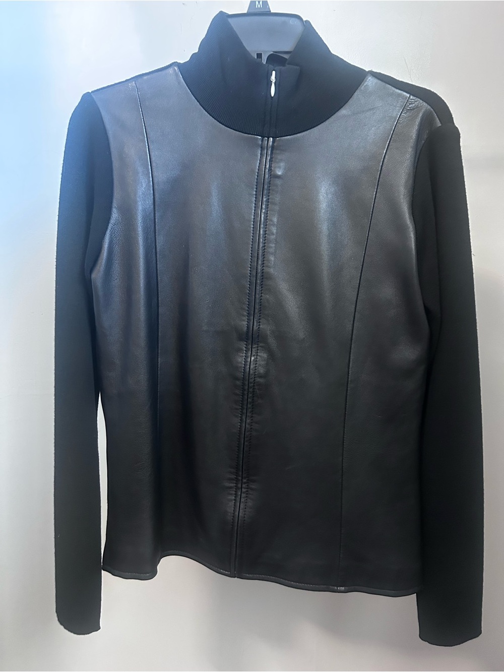 Eddie Bauer Black Leather Front Zip Jacket with Knit Sleeves